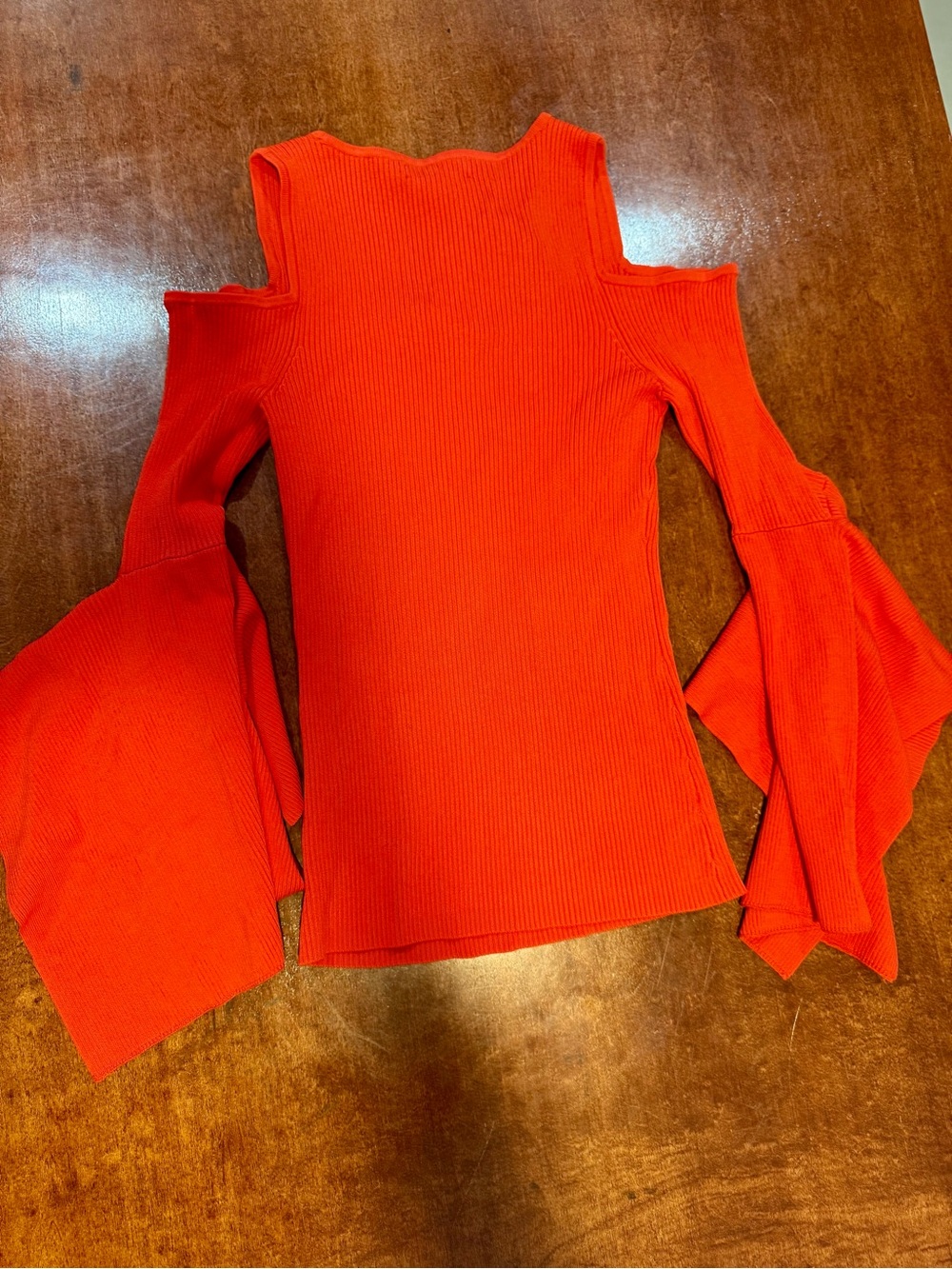 Scripted Bold Orange Cold-Shoulder Ribbed Bell-Sleeve Top - Picture 5 of 10